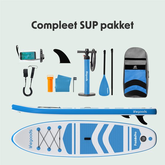 LifeGoods PaddlePro SUP Board - Opblaasbaar Paddle Board - Complete Set - Max. 150KG - 320x81cm - Wit/Sky Blue