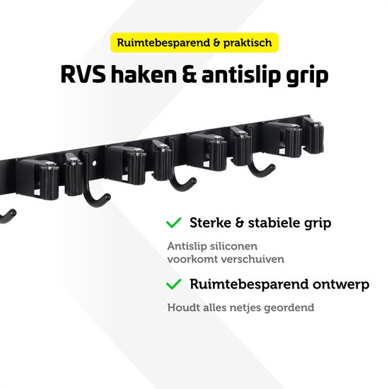 Garpex® Bezemhouder - Bezem Ophangsysteem Tuingereedschap - 5 Houders 6 Haken - 304 RVS - Gereedschapshouder - 3M Tape - Zwart van Garpex — afbeelding 5