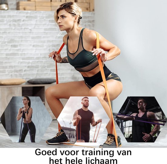 Femme en tenue de sport faisant un squat avec une bande de résistance orange. Petites images hexagonales de personnes s'entraînant.