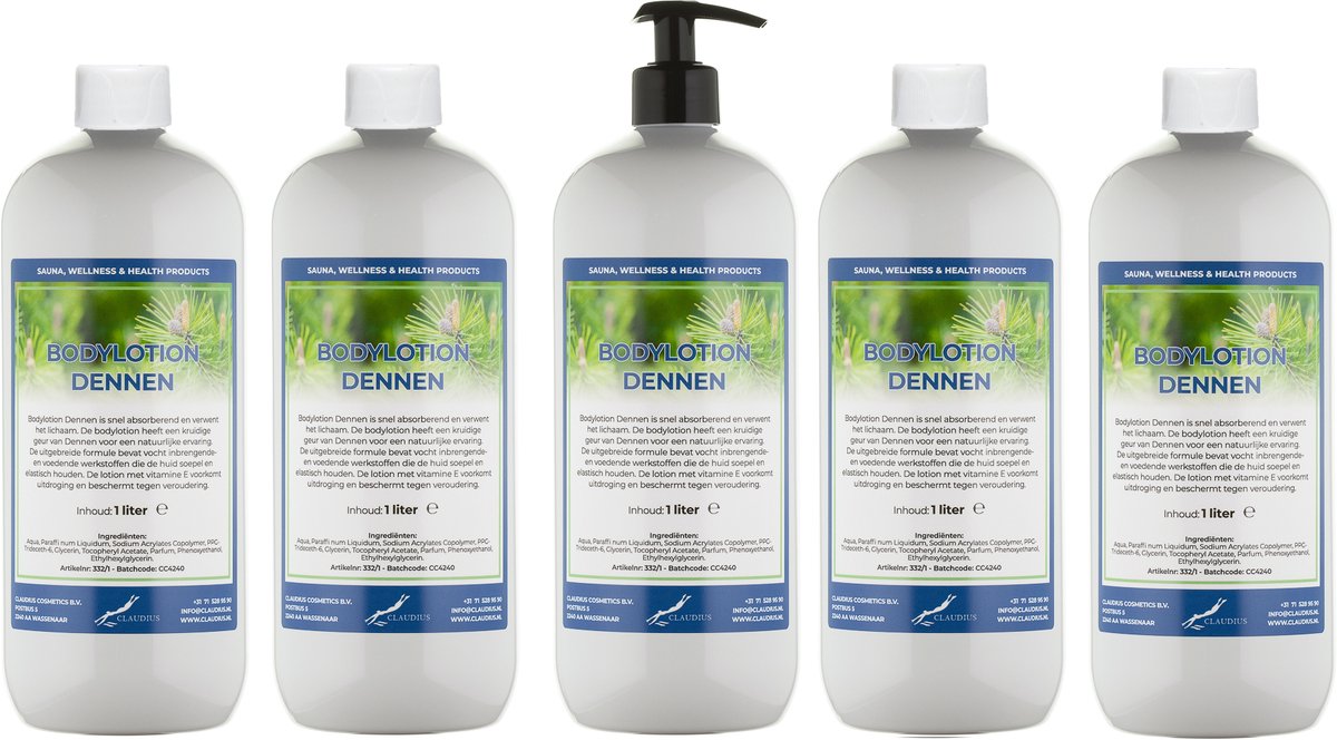 Bodylotion Dennen 1 Liter - met gratis pomp - set van 5 stuks - Voordeelverpakking