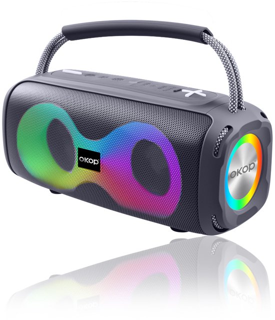Draadloze Bluetooth speaker OKOP 2x5W krachtig geluid, RGB LED verlichting, USB AUX, draagbaar, zwart