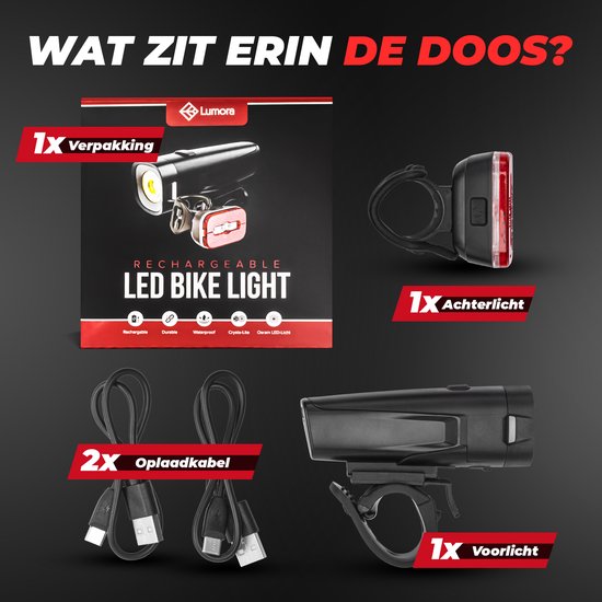 Lumora Fietsverlichting Set - 500 Lumen LED - USB Oplaadbaar Fietslicht Voor en Achter - 1000m bereik - Waterdicht - Voor Racefiets, MTB en Fietsen — afbeelding 2