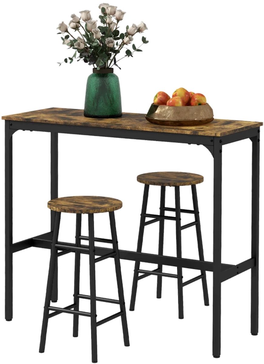 GranMaison Bartafel keuken - Bartafel Set - Barkruk - Barstoel - Keukenstoel - Voetsteun - Zwart+Bruin