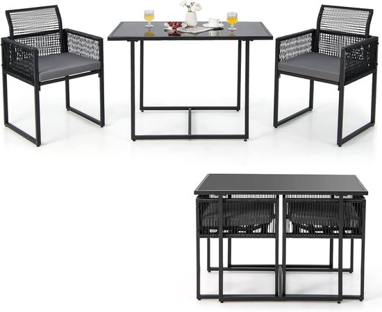 Ensemble de table de jardin 3 pièces COSTWAY avec 2 chaises de jardin en rotin, ensemble bistrot incl. coussins d'assise, salon de jardin, ensemble de balcon, gain de place, meubles de terrasse, groupe de sièges pour balcon et jardin
