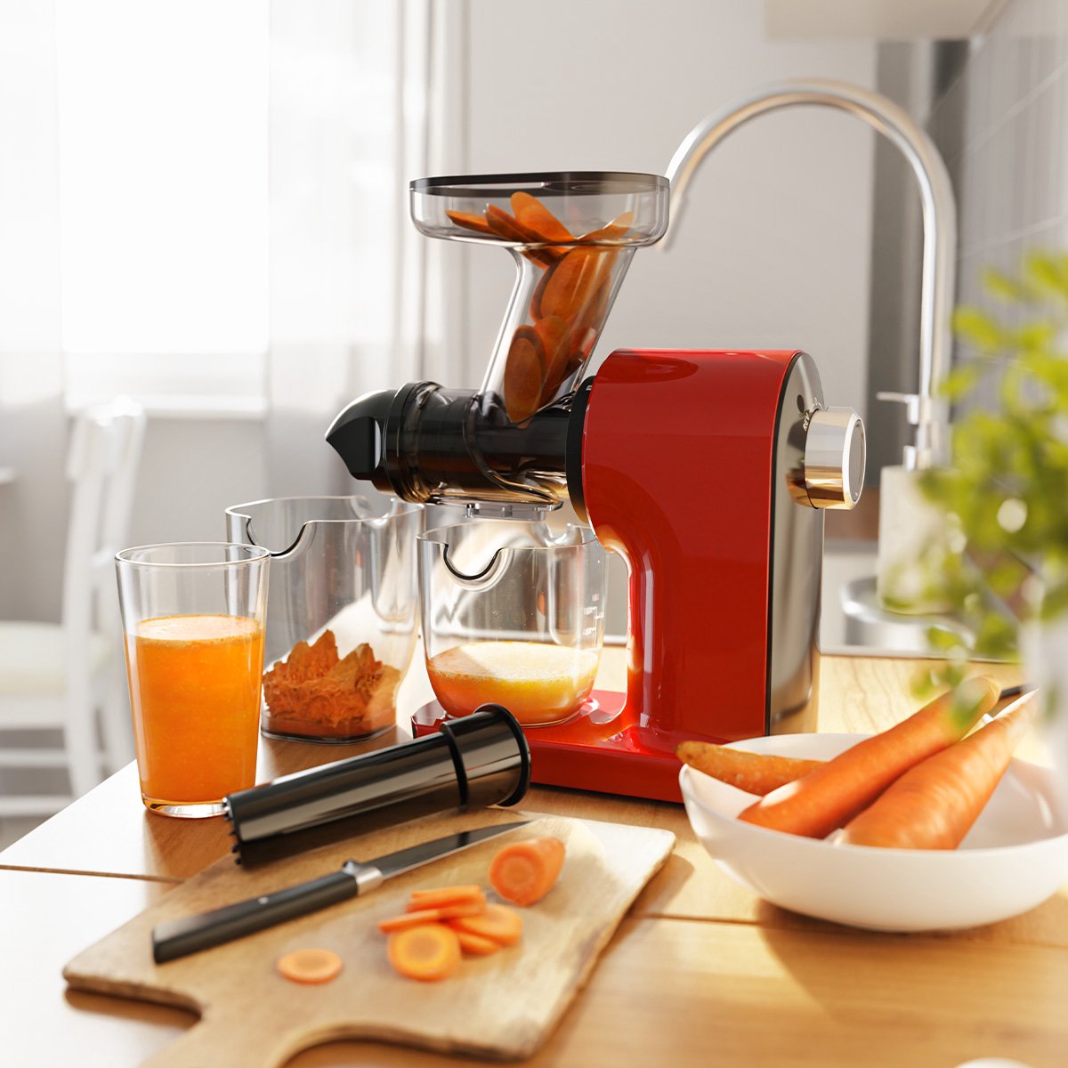 KitchenBrothers Slowjuicer - Sapcentrifuge - Compact - Juicer - Groenten en Fruitpers - 45 mm - 500 ml - Rood thumbnail 6