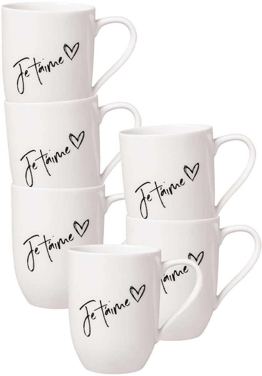 Becher mit Henkel 'Je t'aime' Becher Liebe Statement 290 ml Set van 6