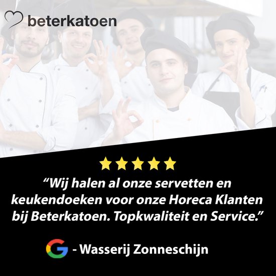 Foto van vijf koks die lachend duim omhoog steken. Opgesteld als review voor Beterkatoen.