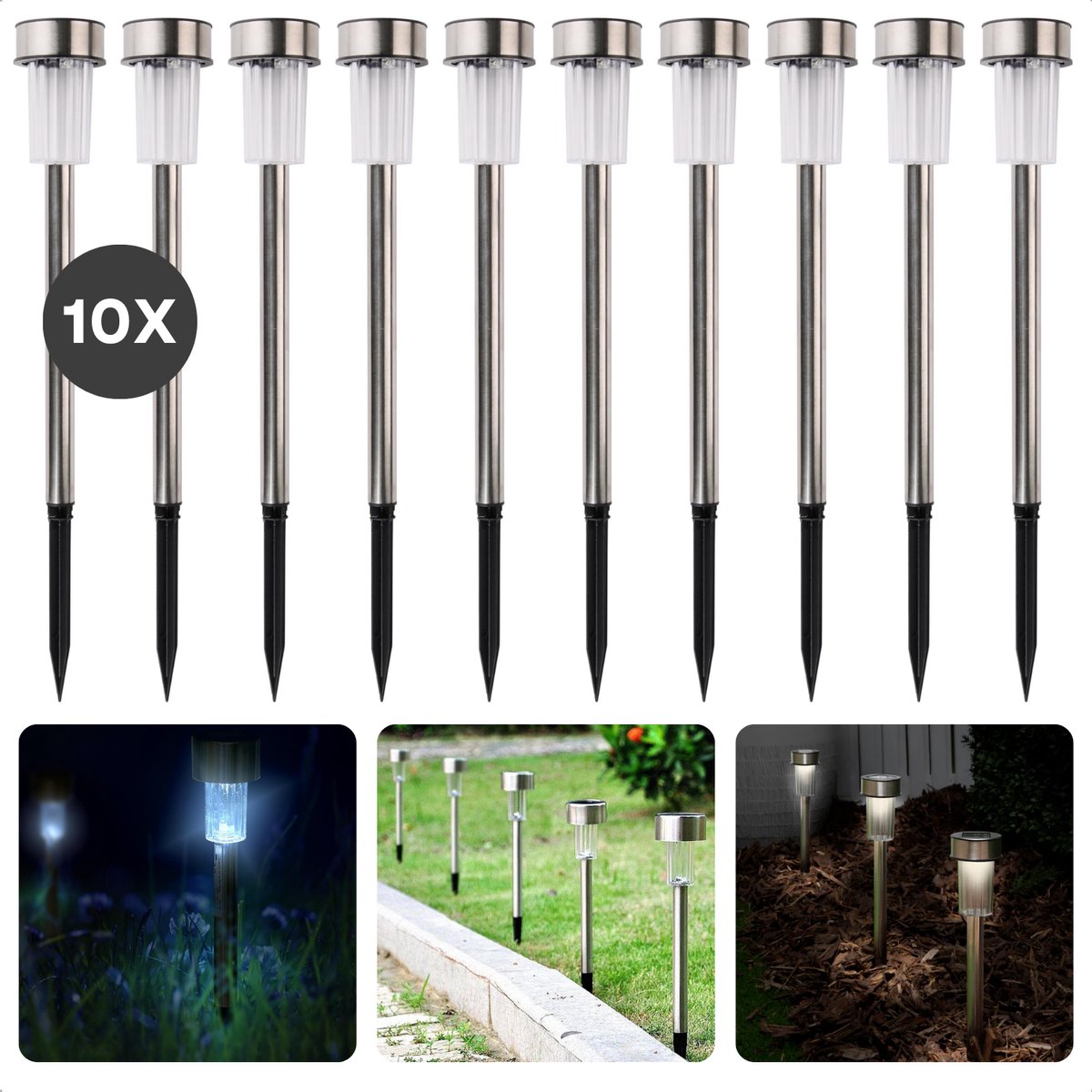 Cheqo® Solar Tuinverlichting Set - Padverlichting - 10 Stuks - RVS - Prikspots - Weerbestendig - Tuinspot met Grondspies Set - Buitenverlichting op Zonne-energie - Inclusief EBOOK