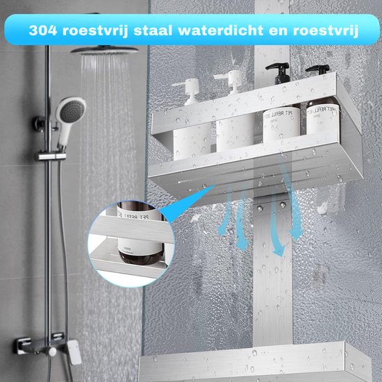 Zilverkleurig, dubbel doucherek van roestvrij staal met doucheflessen.