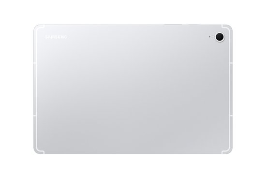 Achterkant van een zilverkleurige Samsung tablet met een camera.