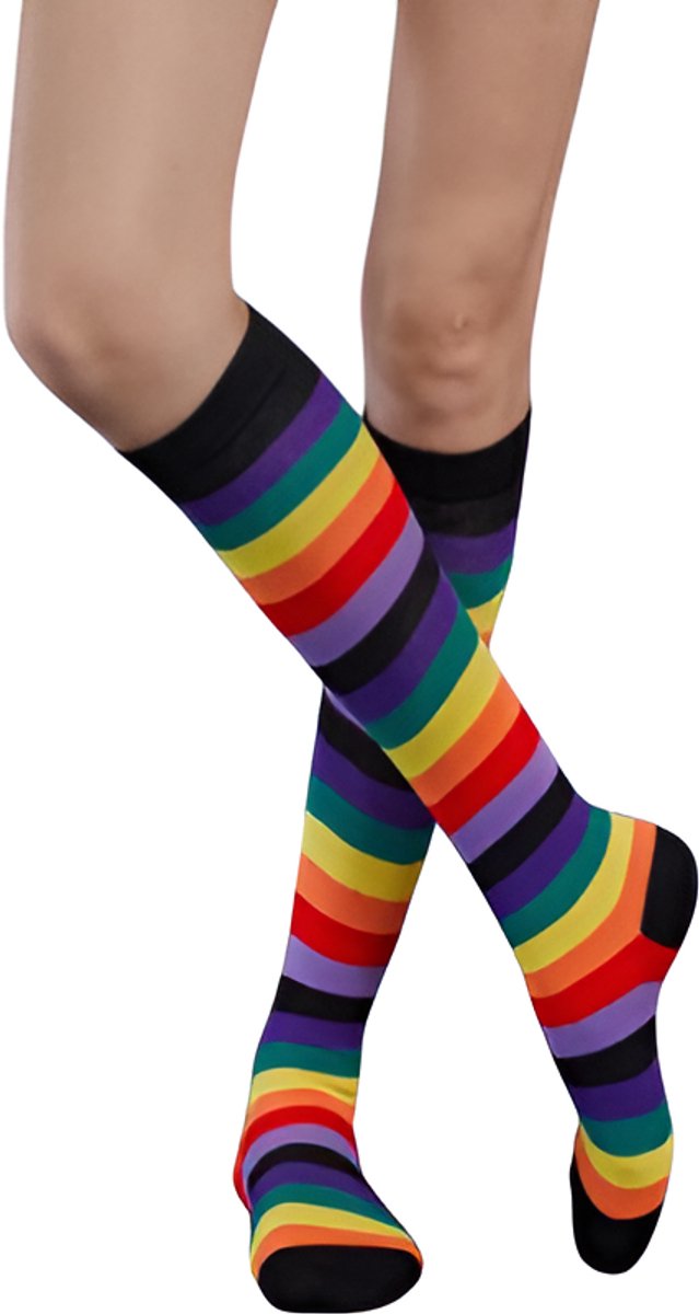 Trendy Socks | 2 Paar| Kniekous | Cadeau| Kniekousen Dames | Sokken Dames| Gewassen| Geurig| Zwart- Regenboog| Maat 36-41