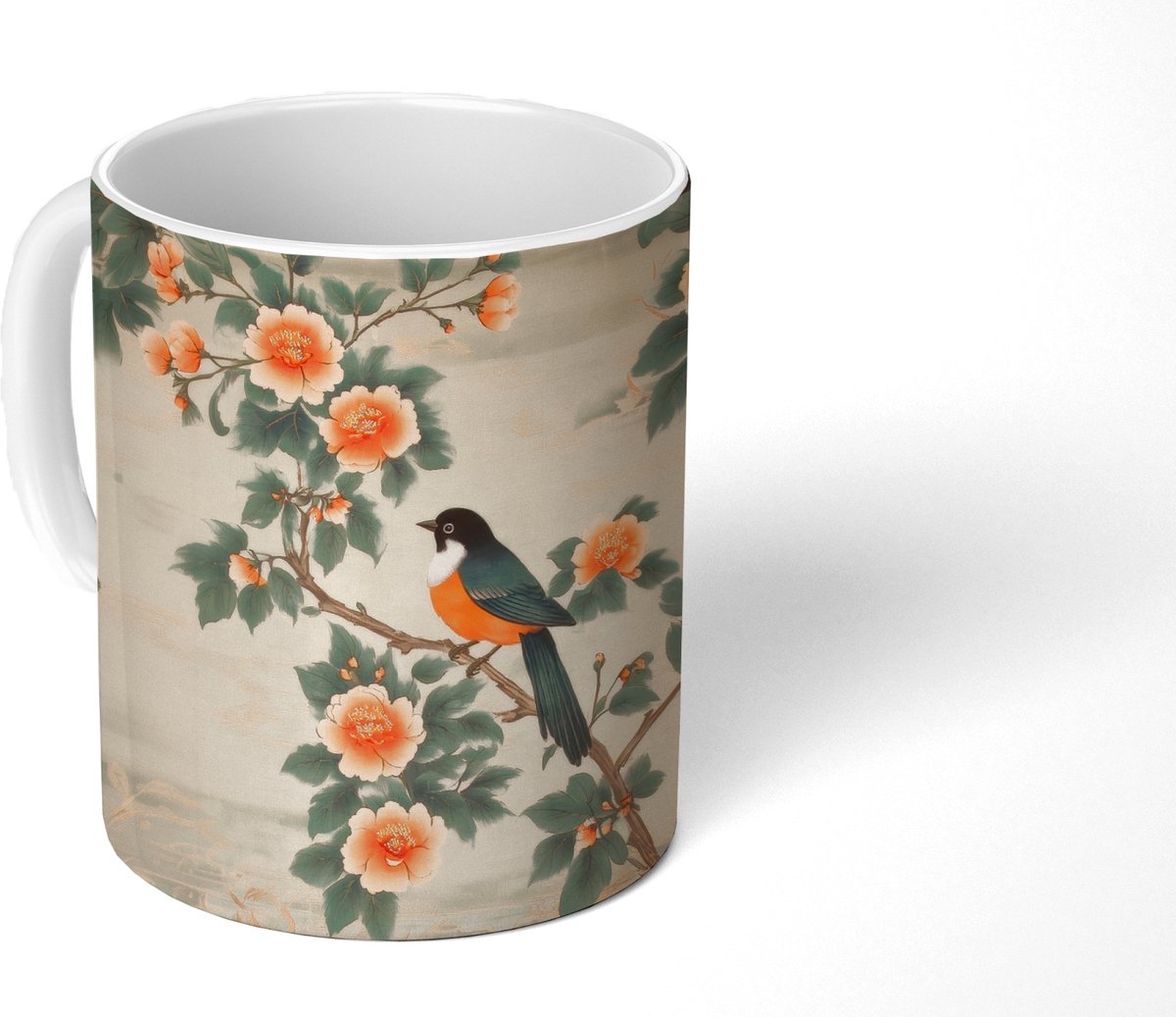 Mok - Koffiemok - Vogel - Tak - Bloemen - Oranje - Mokken - 350 ML - Beker - Koffiemokken - Theemok