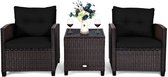 COSTWAY 3-delige set rotan tuinmeubelen, polyrotan zitgroep, 2 stoelen & 1 bijzettafel, balkonmeubel, bistroset, tuingarnituur, tuinlounge tuinset incl. glasplaat & zitkussen, bruin