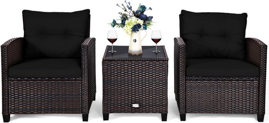 COSTWAY 3-delige set rotan tuinmeubelen, polyrotan zitgroep, 2 stoelen & 1 bijzettafel, balkonmeubel, bistroset, tuingarnituur, tuinlounge tuinset incl. glasplaat & zitkussen, bruin