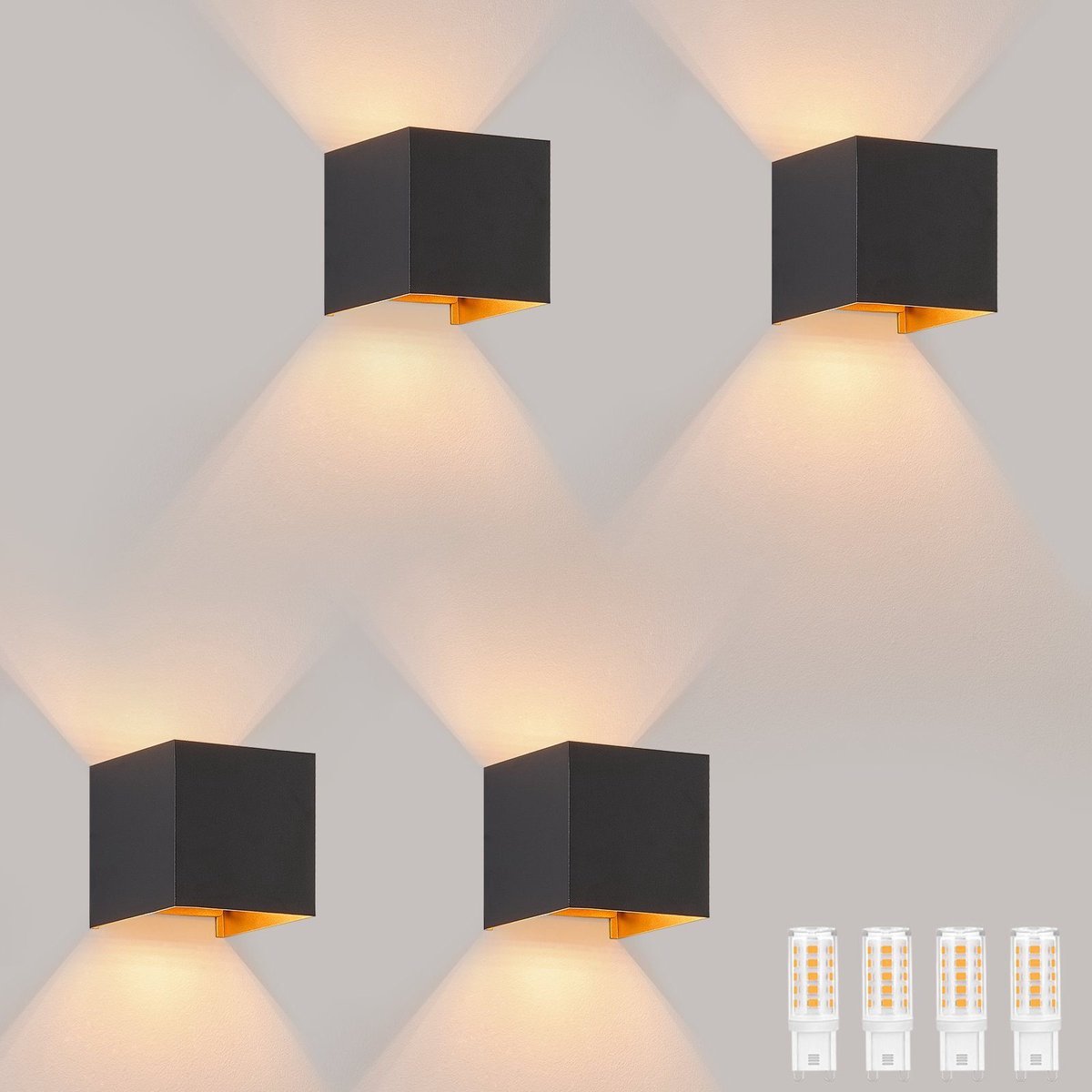 NETTLIFE Wandlamp 4 stuks - G9 - zwart goud - voor binnen en buiten - buitenwandlampen - 3000K warm wit - IP65 wandspot - voor huis | muur | trap | hal