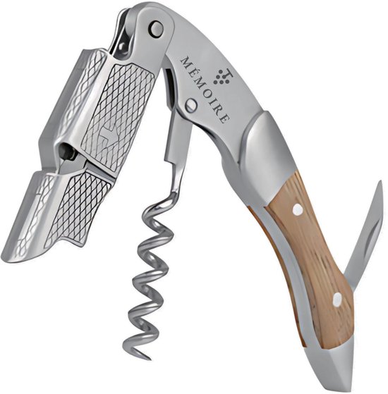 Mémoire® Couteau Sommelier - Kurkentrekker van Eikenhout & RVS - 3 in 1 Sommelier mes met Flessenopener en Foliesnijder - Stijlvolle en Duurzame Wijnopener - Perfect voor Horeca en Thuis - Premium Kelnermes voor Wijnliefhebbers - Luxe Cadeau