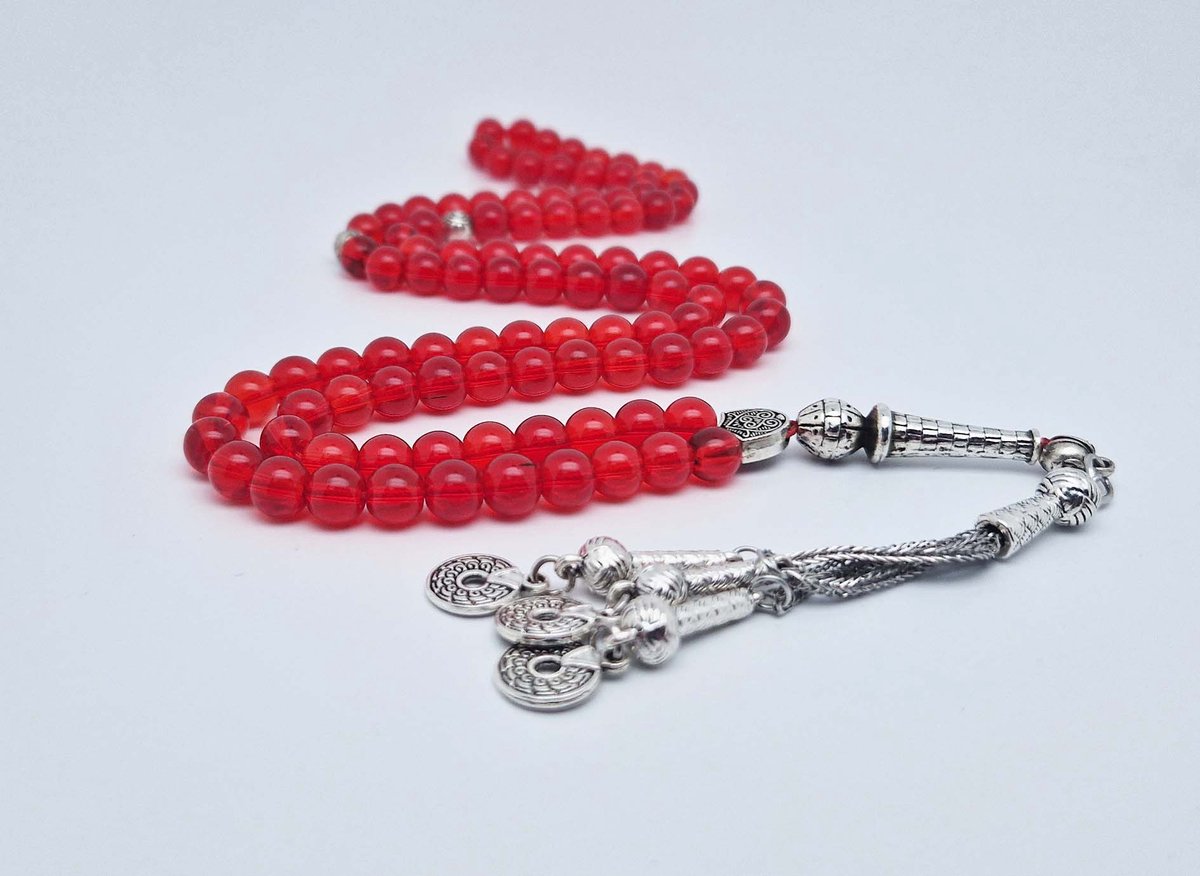 Handgemaakte tesbih "Tasbih" natuursteen "Rode kwarts" - Aantal kralen 99 - Diameter kralen 8MM - met metaal tassel "Cirkels" - Een mooi cadeau-idee