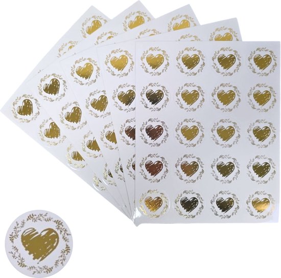 200x Transparante Stickers Op Vel – 32mm – Hart Krans Goud – Serie 3 – Sluitsticker – Sluitzegel – Cadeau Sticker – Hartje Goud – 200 Stuks