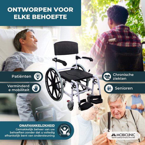 Rolstoel voor patiënten, chronisch zieken, senioren en verminderde mobiliteit. Zwart/wit.