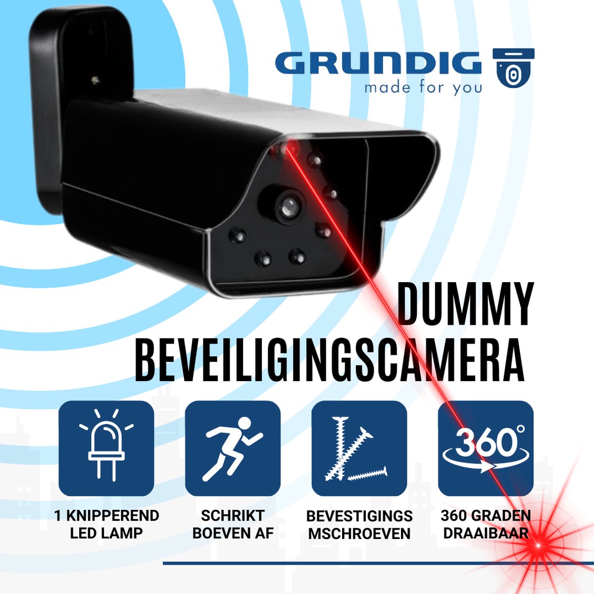 Grundig Dummy Beveiligingscamera - Met Knipperende LED licht - 360 Graden Draaibaar - Exclusief 2 x AA Batterijen