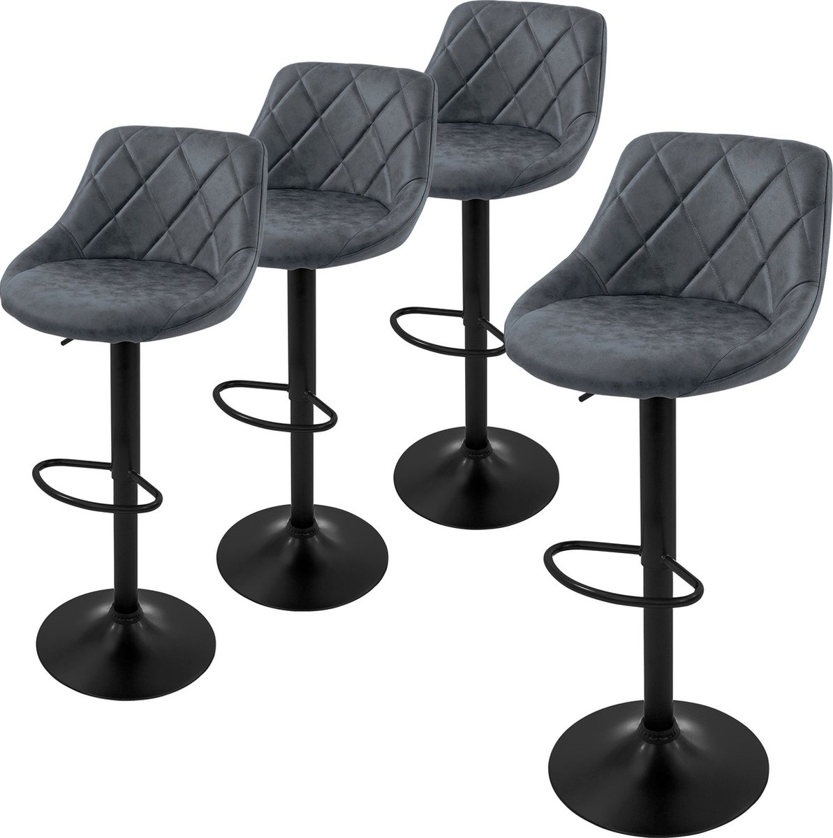 Lot De 4 Tabourets De Bar En Velours Noir - Dossier, Repose-pieds, Hauteur Réglable 59-79 Cm, Pivotant 360° - 4