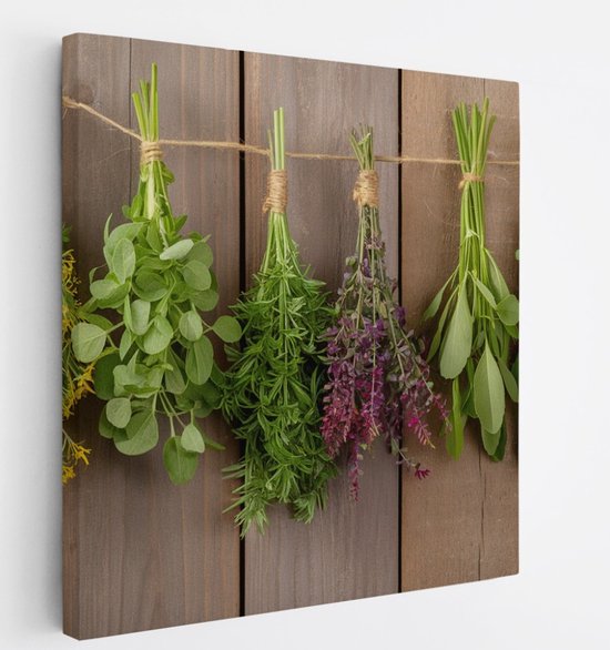 Tableau sur toile Saammp - Herbes suspendues - Nature morte - 60x60 - Photo sur toile - Décoration murale - Décoration murale de cuisine - Décoration de chambre - Impression sur toile