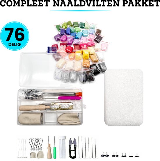 Naaldviltset Met 45 Kleuren Wol, 3 Gram Per Kleur – Complete Starterset Incl. Naalden, Vingerhoeden, Ogen En Opbergtas