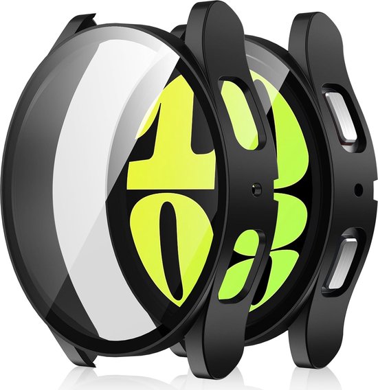 Casemania Hoes & Glas Geschikt Samsung Galaxy Watch 6 (44mm) - Zwart - Screenprotector met Behuizing