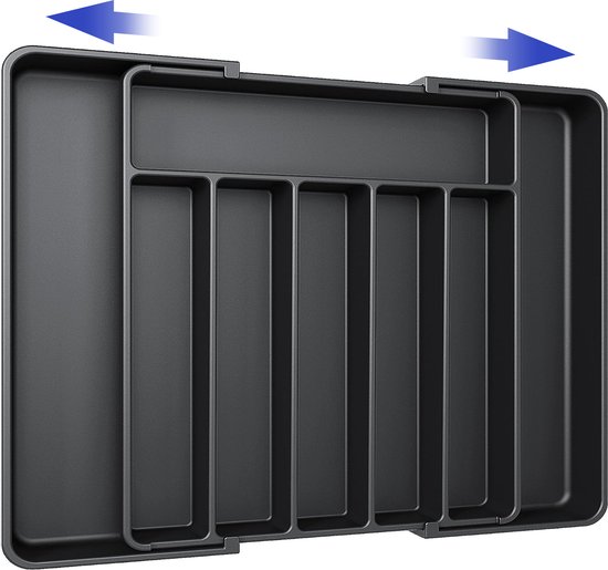 Bestekbak réglable avec 8 compartiments - Range-couverts extensible pour Cuillères, Fourchettes, Couteaux - Organisateur de tiroir Tiroir de cuisine - 33,5 / 57 x 38 x 5 cm - Porte-couverts de Cuisine - Plastique - Zwart