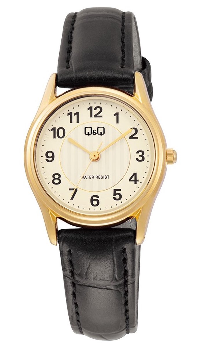 QQ C49A-002PY - Horloge - Polshorloge - Analoog - Dames - Vrouwen - Leren band - Rond - Metaal - Cijfers - Zwart - Goudkleurig