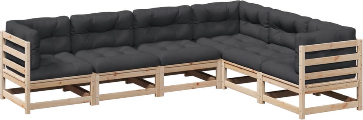 The Living Store 6-delige Loungeset met kussens massief grenenhout - Tuinmeubles - Lounge Set - Tuinset - Houten Meubel - Grenenhouten Bank