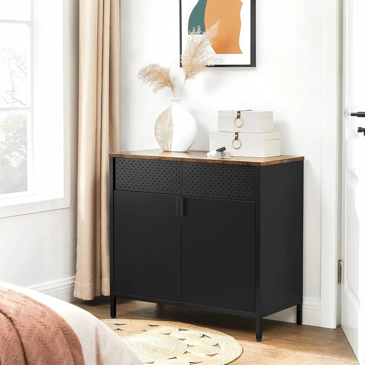 Multifunctioneel Stalen Archiefkast Kantoor Bestanden- Praktisch Keuken Kast 2 Deuren 3 Verdiepingen Bruin-Inktzwart Verstelbare Poten Stevig op de Vloer 80x40x76cm Robuust & Betrouwbaar Dressoir Stalen Frame & Spaanplaat Draagt ​101kg Ruim Tafelblad — cadeau in Cadeau-ideeën - foto 5