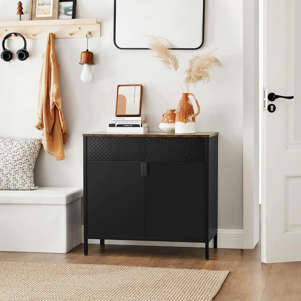 Multifunctioneel Stalen Archiefkast Kantoor Bestanden- Praktisch Keuken Kast 2 Deuren 3 Verdiepingen Bruin-Inktzwart Verstelbare Poten Stevig op de Vloer 80x40x76cm Robuust & Betrouwbaar Dressoir Stalen Frame & Spaanplaat Draagt ​101kg Ruim Tafelblad — cadeau in Cadeau-ideeën - foto 3
