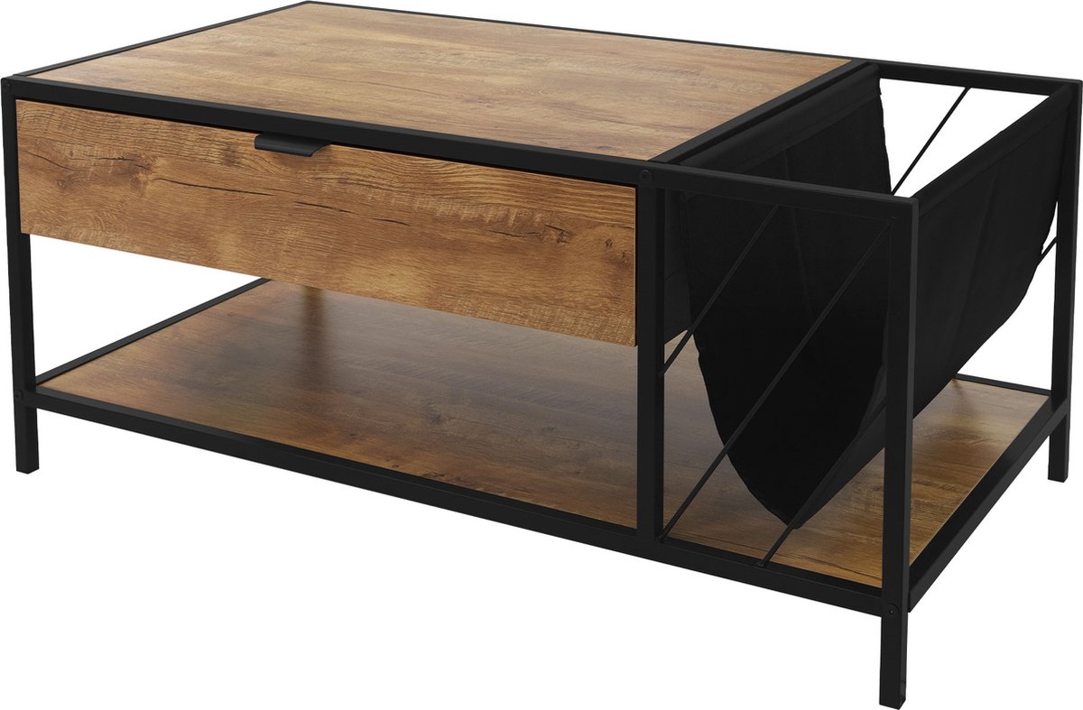 ml-design salontafel 100x54x45 cm, eiken rustiek bruin, houten banktafel, woonkamertafel met stalen frame en 2 planken, bijzettafel met lade & tijdschriftenvak, salontafel voor in de woonkamer
