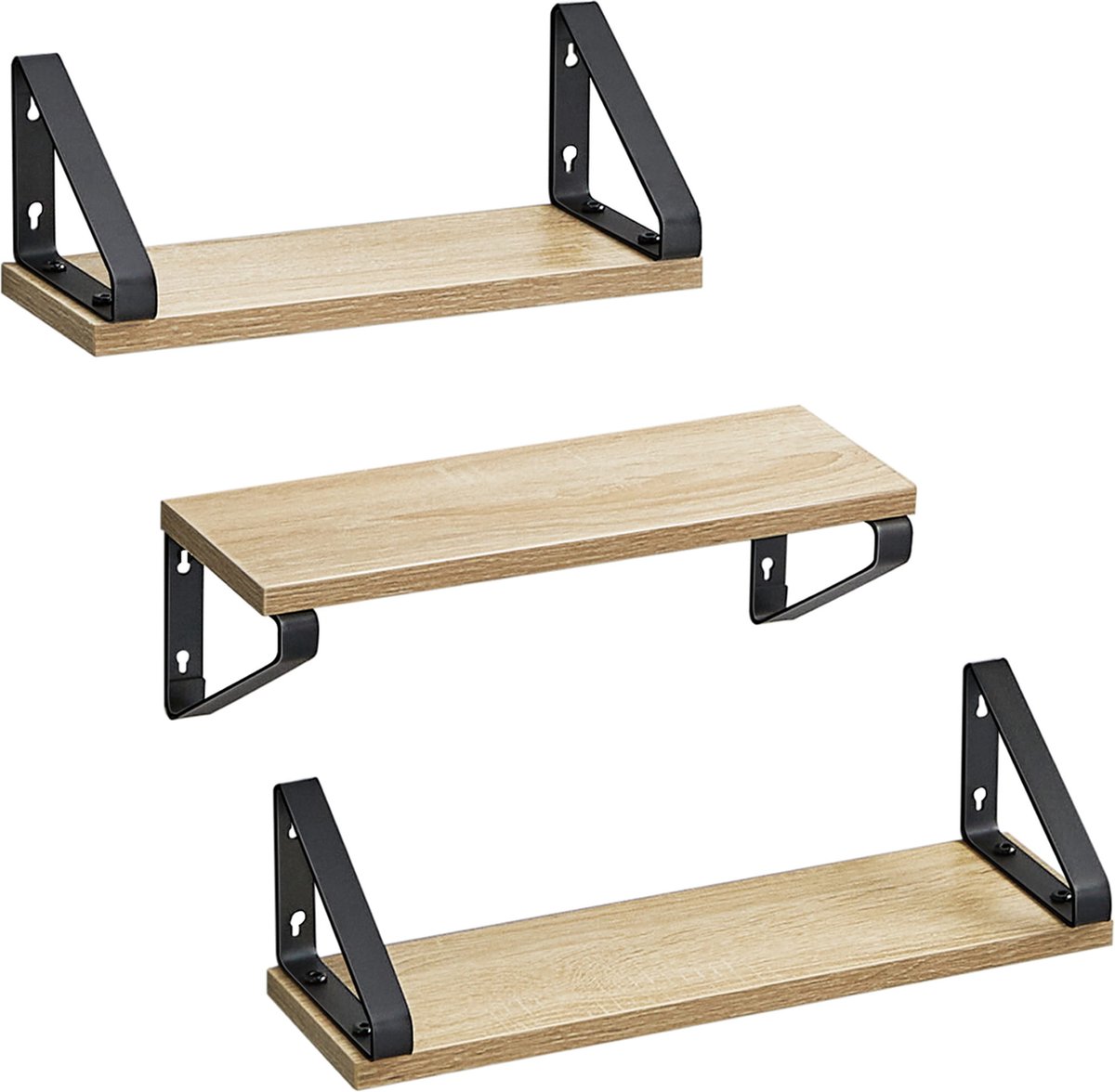 Wandplanken Set van 3 - SONOMA - Stalen Frame, Praktisch en Stijlvol, Voor Decoratie, Foto’s of Boeken, Kleur: Eiken Sonoma en Zwart, Max. 10 kg
