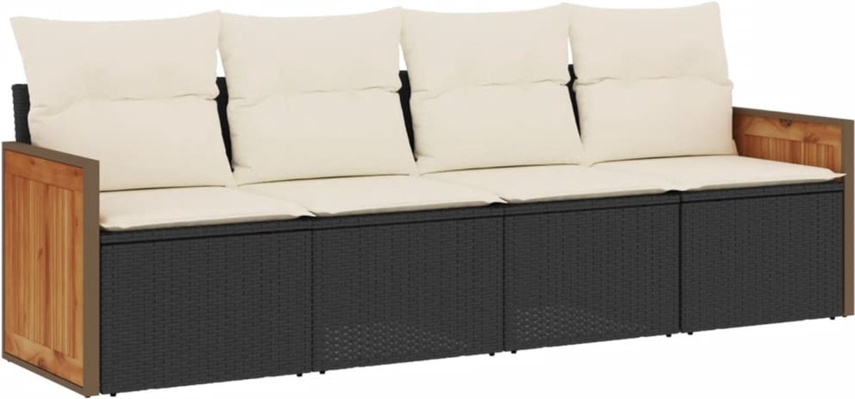 Zwarte poly rattan loungeset met kussens voor tuindecoratie.