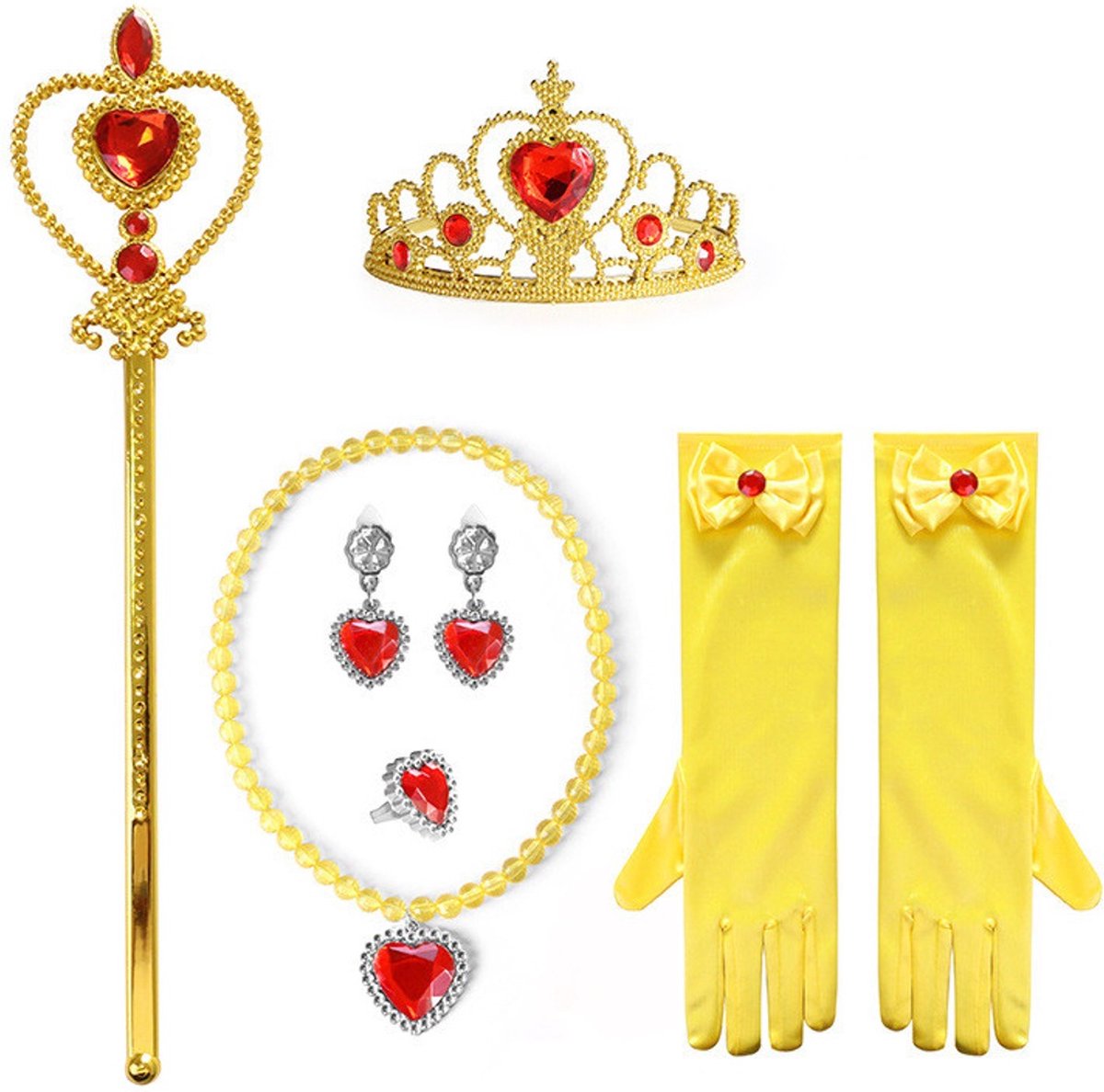Joya Kids® Gele Verkleedjurk | Prinsessen Jurk | Prinses & het Beest verkleedkleding | (110) + kroon, Staf, Handschoenen, Ketting, Ring & Oorbellen | Cadeau meisje — afbeelding 7