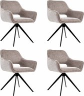 Vier taupe stoffen draaistoelen met open rug en zwarte metalen pootjes.