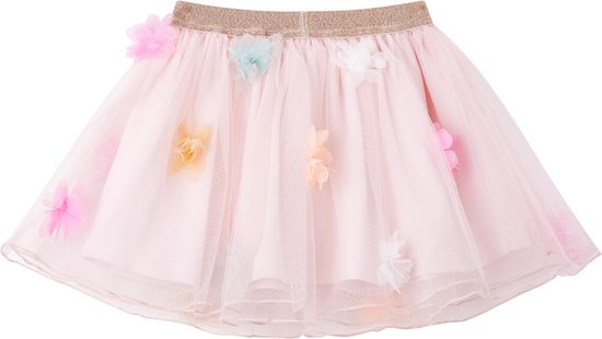 Lichtroze tule rok met glinsterende tailleband en bloemapplicaties in roze, oranje, geel en blauw.