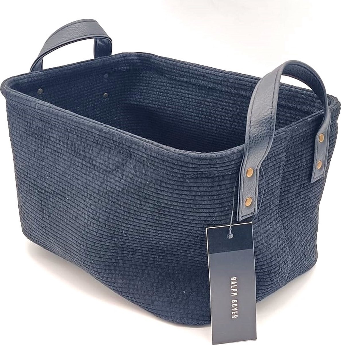 Ralph Boyer - Opbergmand met Leren Hendels - Zwart - Ribstof - 35x25x20cm