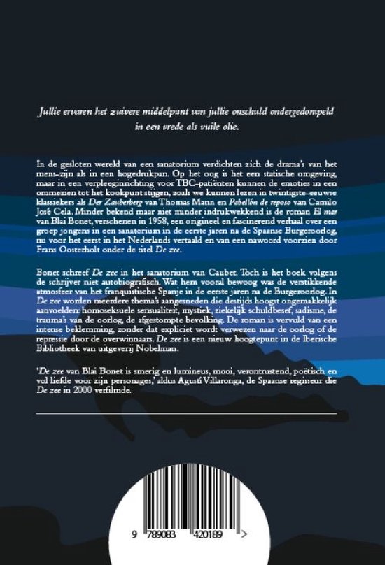 Achterkant van het boek 'De Zee' van Blai Bonet met tekst over het verhaal en recensies.