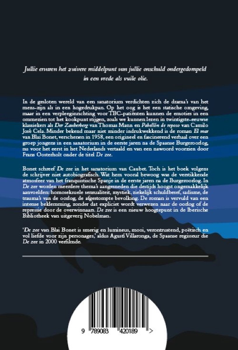 Achterkant van het boek 'De Zee' van Blai Bonet met tekst over het verhaal en recensies.