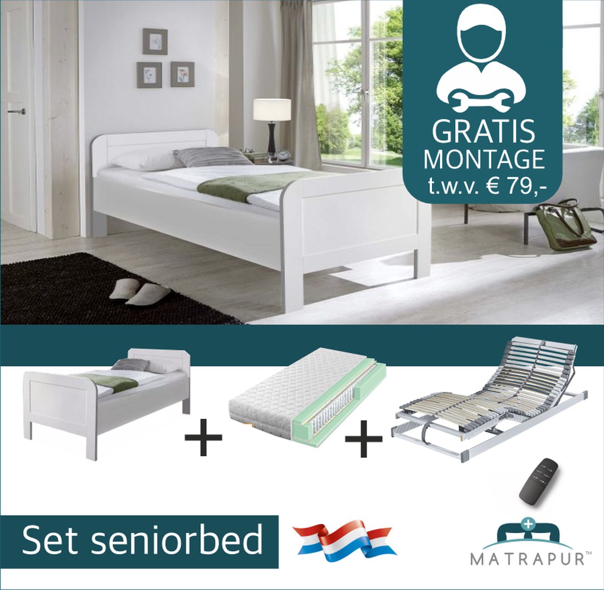 Seniorenbed Compleet elektrische set ledikant seniorenbed 90x200 cm Wit + 42-lats Elektrisch Verstelbaar + Champ - 7 Zone Pocket 300 matras - 90x200 cm