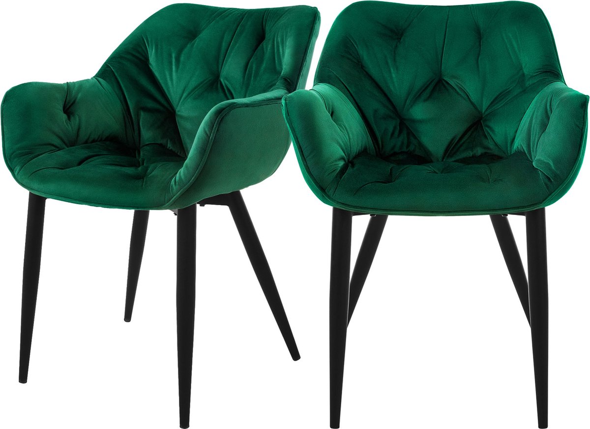ml-design Eetkamerstoelen set van 2 donkergroen, keukenstoel met dik fluweel gestoffeerde zitting, metalen poten, woonkamerstoel met rugleuning en armleuningen, gewatteerde gestoffeerde stoel