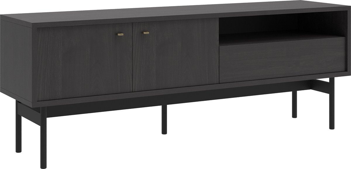 Selsey OLAR - RTV-kast met twee deuren, een lade en een nis - 154 cm - Zwart Portland essenhout