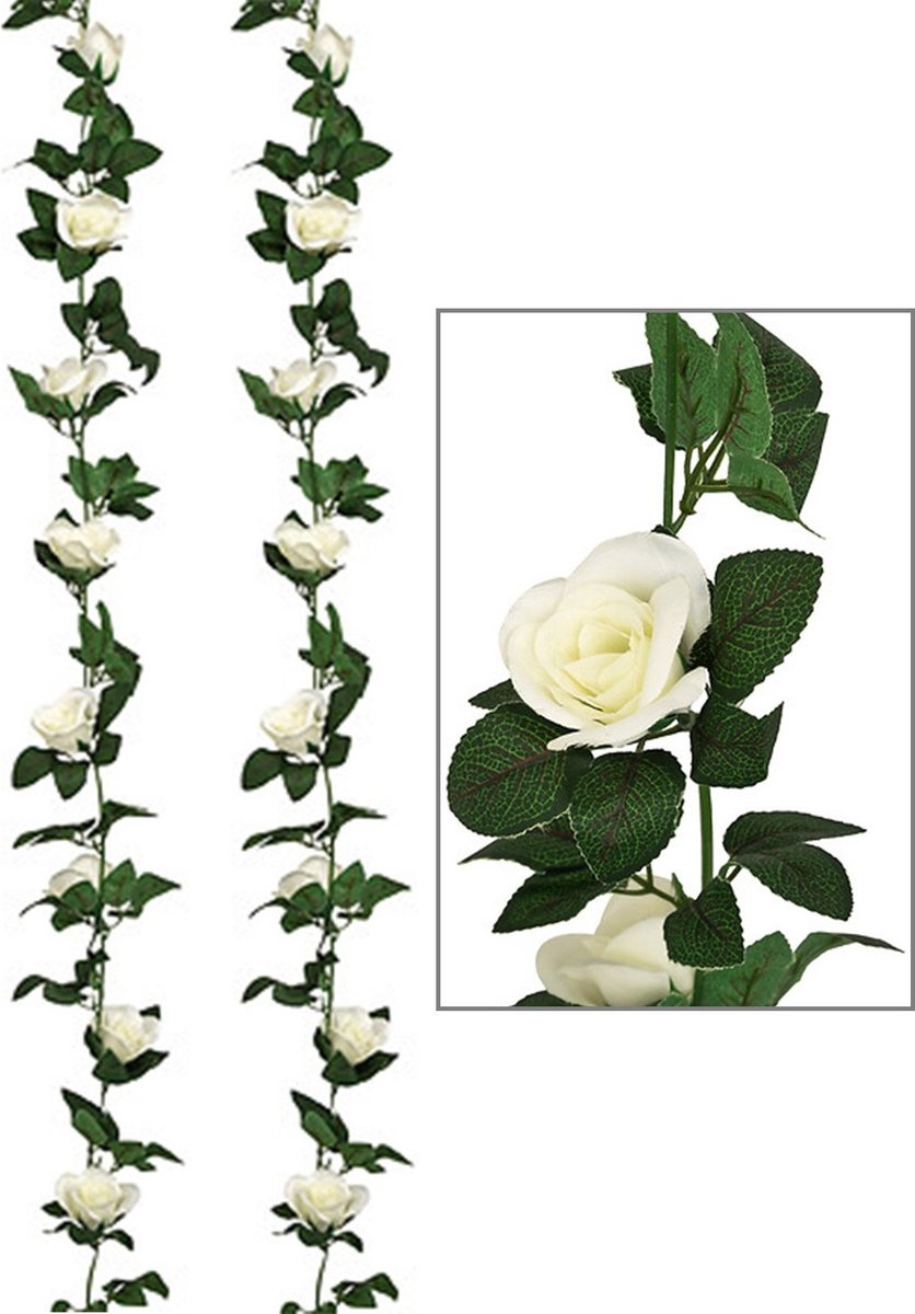Atmosphera Kunstbloemen slinger rozen - 2x - 230 cm - wit - decoratie - versiering - bruiloft