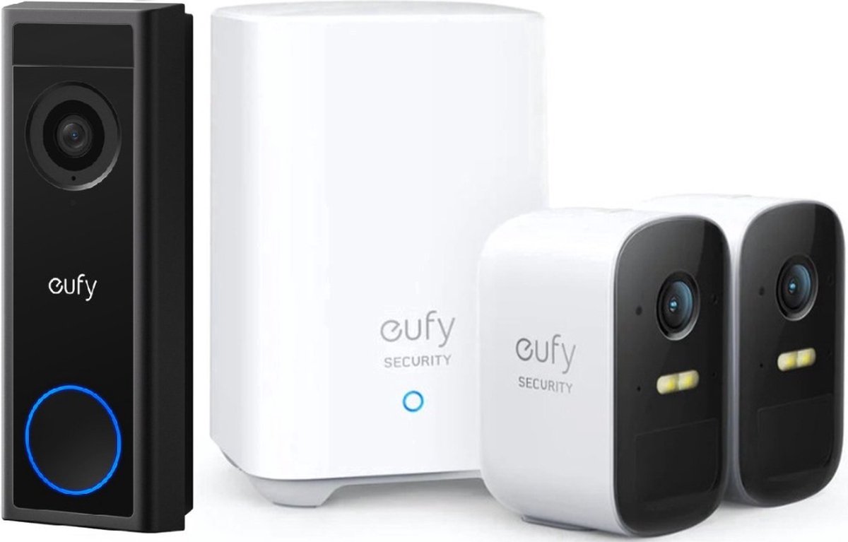 eufy 2K FHD Video Deurbel met Nachtzicht + eufy 2C Draadloze Beveiligingsset - Inclusief Homebase2 en 2 Camera's - Wit- Video doorbell Bundel