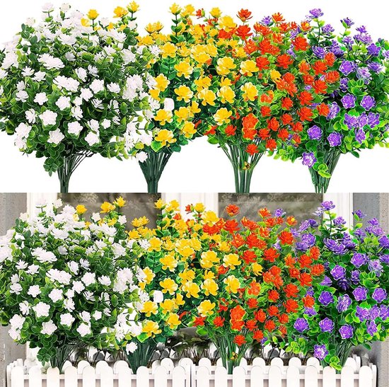 QIANYUN Kunstbloemen voor buiten, uv-bestendig, kunstviooltjes, kunstbloemen, van kunststof, losse kunstplanten voor buiten (6, wit, geel, paars