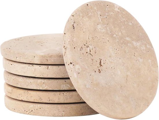 Lot De 4 Dessous De Verre En Travertin Naturel – Ronds, 10x10 Cm, Avec Tampon Bois, Design élégant Et épais