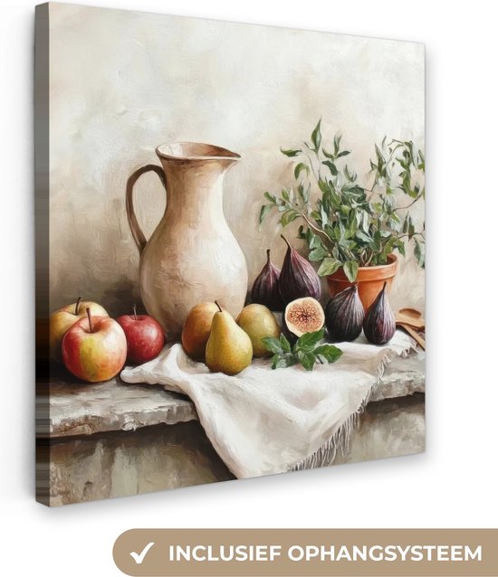 Une peinture d'une nature morte avec une cruche, des pommes, des poires, des figues et une plante en pot. Avec système de suspension.